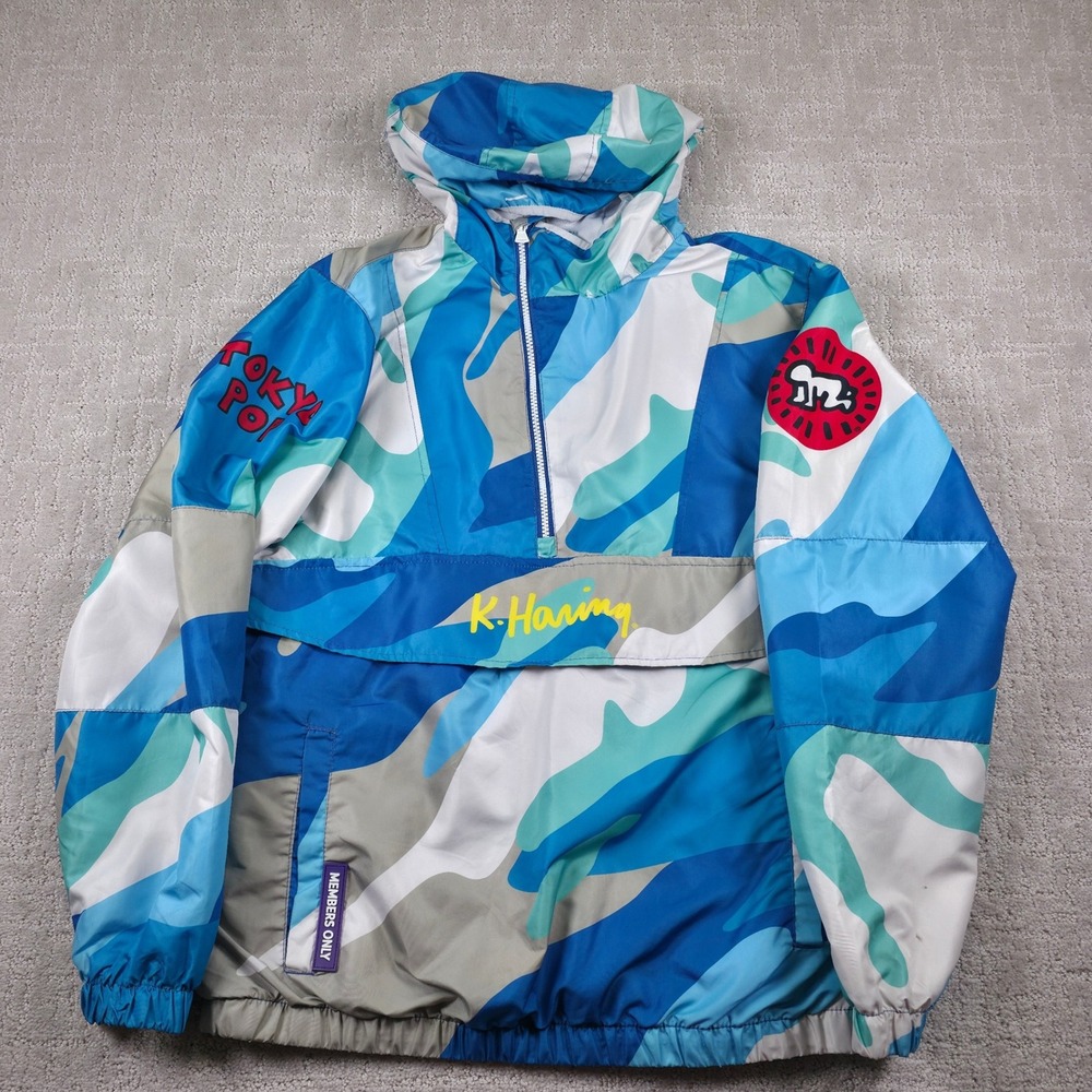 Members Only X Keith Haring Windbreaker Mens Large Blue Camo Anorak Jacket *Flaw